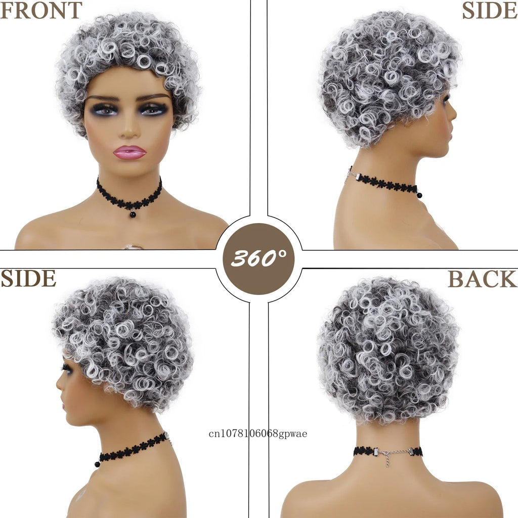 Synthetic Hair Short Grey Wigs Afro Curly for African American Women Pixie Hairstyle Daily