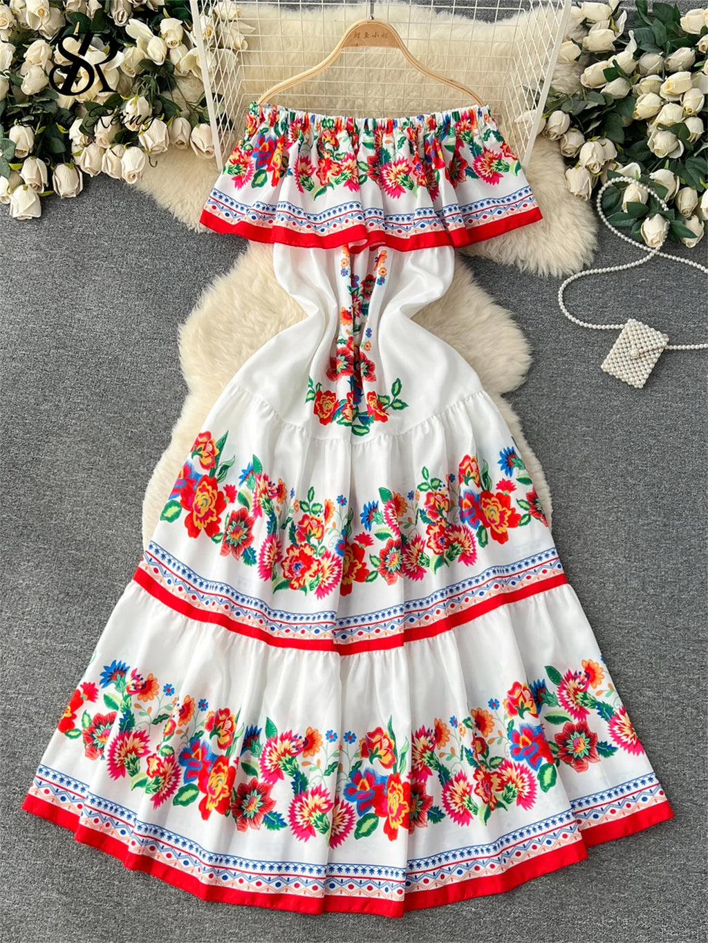 French Court Floral Print Sling Neck Off Shoulder Fashion Loose Long Dress