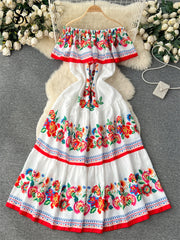 French Court Floral Print Sling Neck Off Shoulder Fashion Loose Long Dress