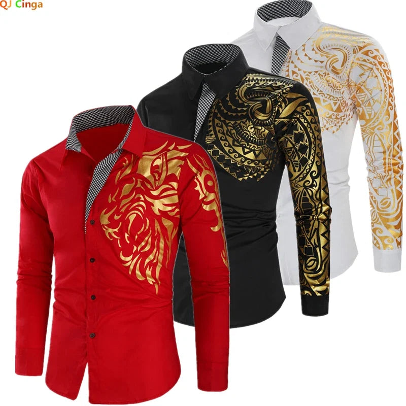 Men's Brand Luxury Gold High Quality Long Sleeve Shirts Business Dress Prom Social Print Shirts