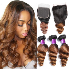 ombre Peruvian loose wave bundles wOmbre Peruvian loose wave bundles with closure human hair laid flatith closure human hair on display