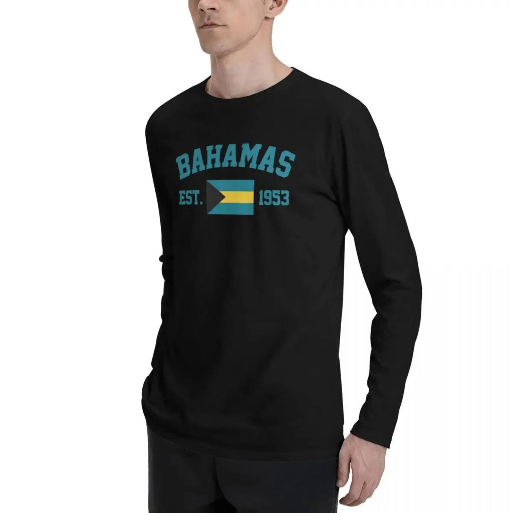 100% Cotton Bahamas Flag With EST. Year Long Sleeve Autumn T shirts Men Women Unisex Clothing LS T-Shirt Tops Tees