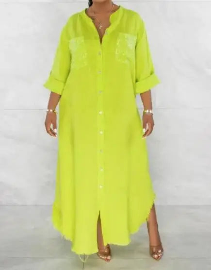 Dresses Loose Solid Color Long Sleeve Single Breasted Half Open Collar Fringe Dress European & American Fashion Women's Clothing