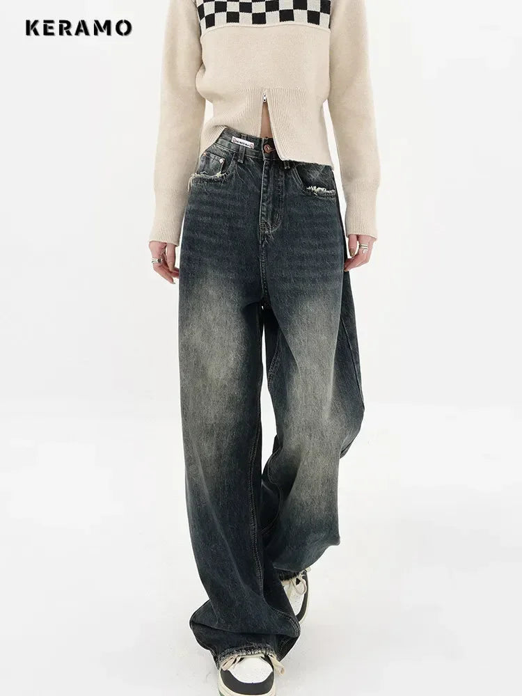 Harajuku Streetwear Retro Fashion Women High Waist Jeans Wide Leg Straight Denim Trousers Y2K Baggy Pants