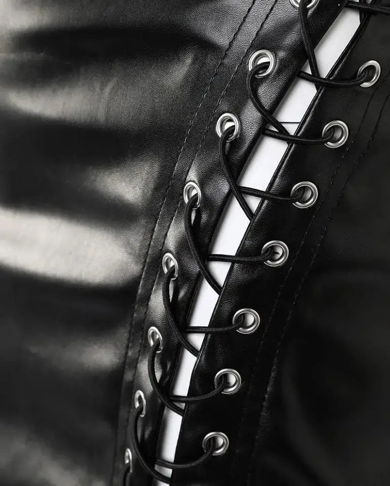New High Waist Sexy Pu Leather Mesh Lace Up Tight Wrap Hip Half Mini Short Skirt