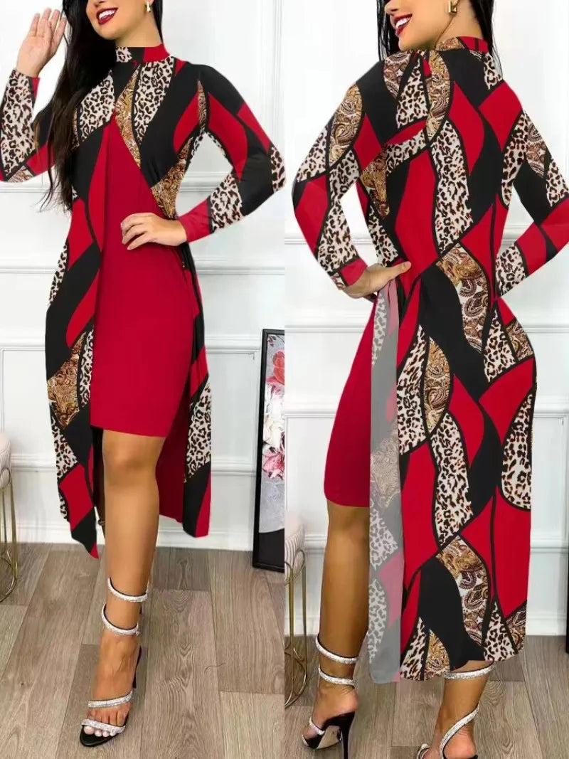 Elegant A Line Two Piece Print Dresses Full Sleeve Split Cardigan Half High Collar Dress