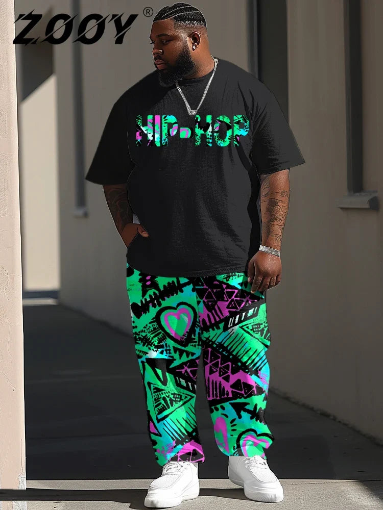 Short sleeved T-shirt Pants Set Plus Size Men Large Street Casual Graffiti Letter Printing Trendy T-shirt Pants ZOOY