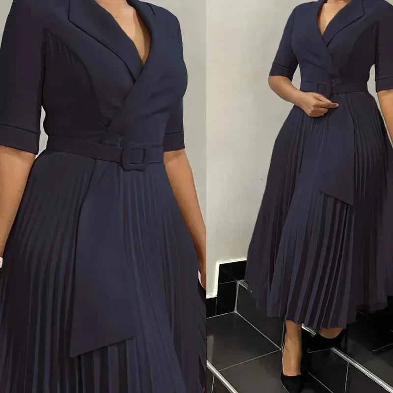 African Autumn Elegant Half Sleeve V-neck Polyester Pleated Ankara Dresses