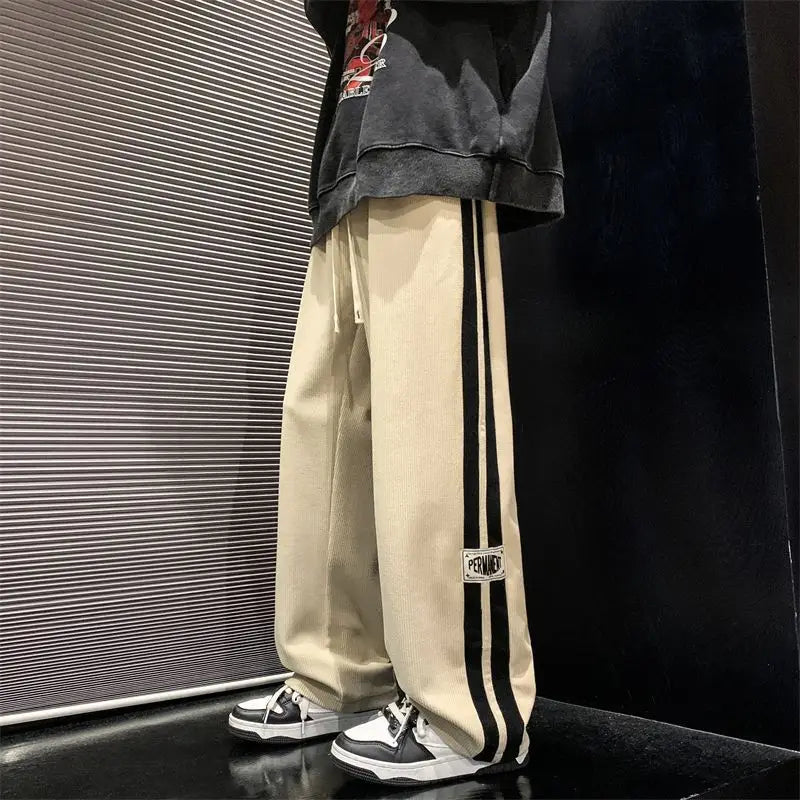 American Vintage Side Striped Pants Corduroy Men Casual High Street Harem Trousers Y2K Joggers Baggy Straight Sweatpants