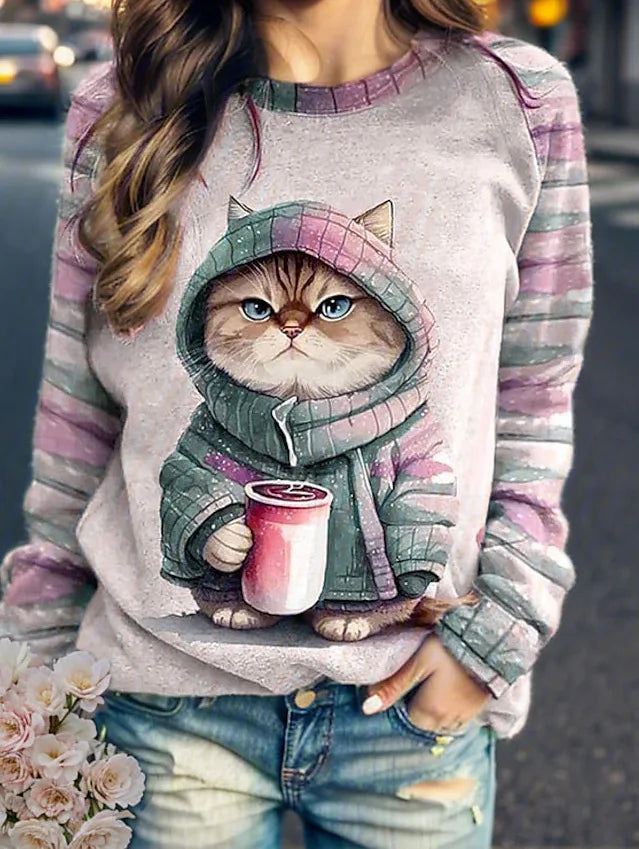Women's round neck hoodie animal cat 3D printed shoulder style autumn and winter European and American T-shirt women's clothing