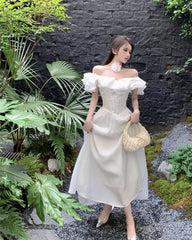 French Vintage White Strapless Midi Dresses for Women Summer New Elegant Party Slim Evening Wear