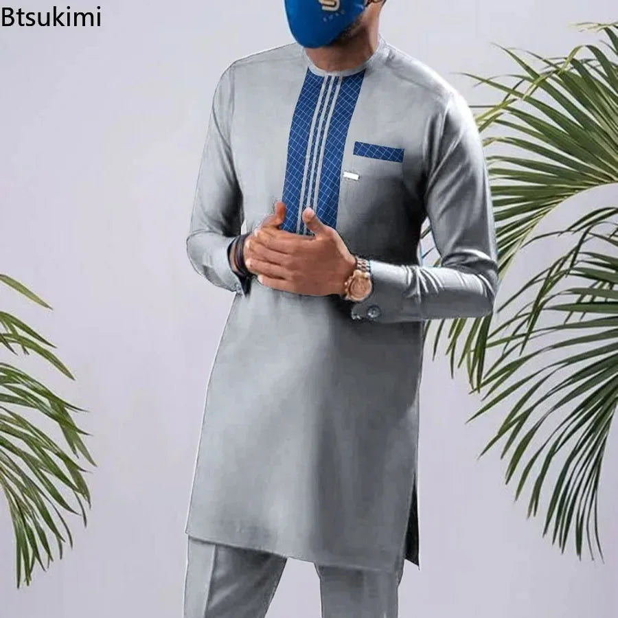 African men Wedding Beaded Long-sleeved Top Pants Set Kaftan Traditional Clothing Ethnic Casual Men's 2Pcs Suit