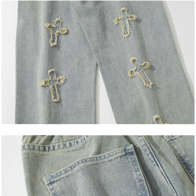 Men's clothing # American vibe style yellow mud dyed cross jeans men's ins embroidered high street wide leg long pants