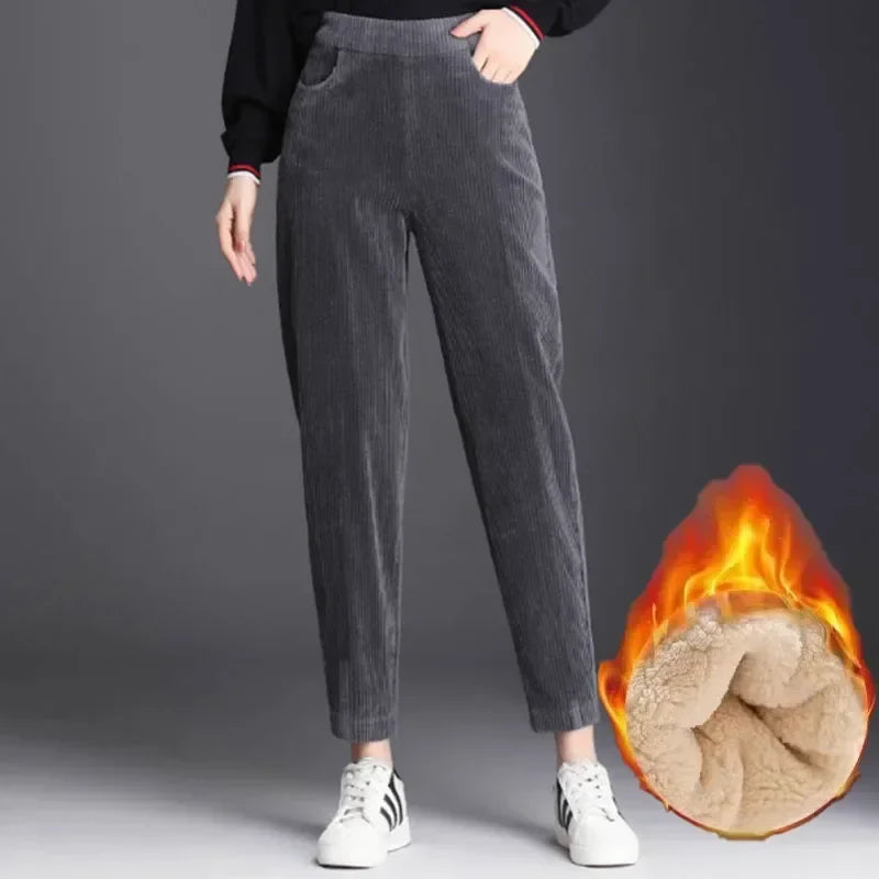 Women Corduroy Warm Thick Plush Casual Autumn Winter Leggings High Waist Pants