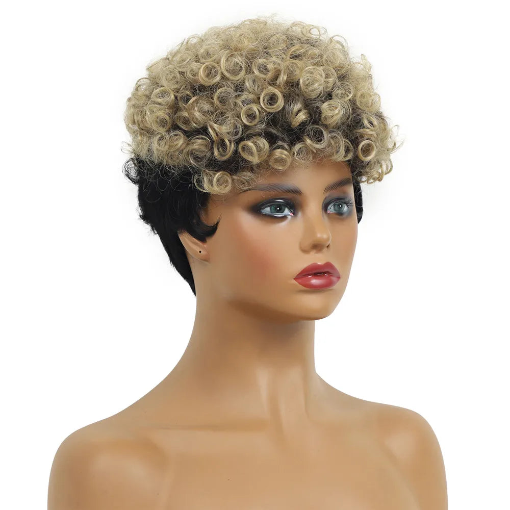 Short Curly Pixie Cut Wig - Black & Blonde Two-Tone