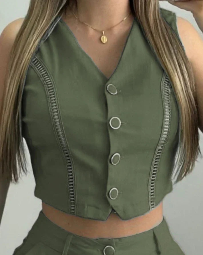 Leisure Fashion Cross Collar Button Zipper Design Shorts set