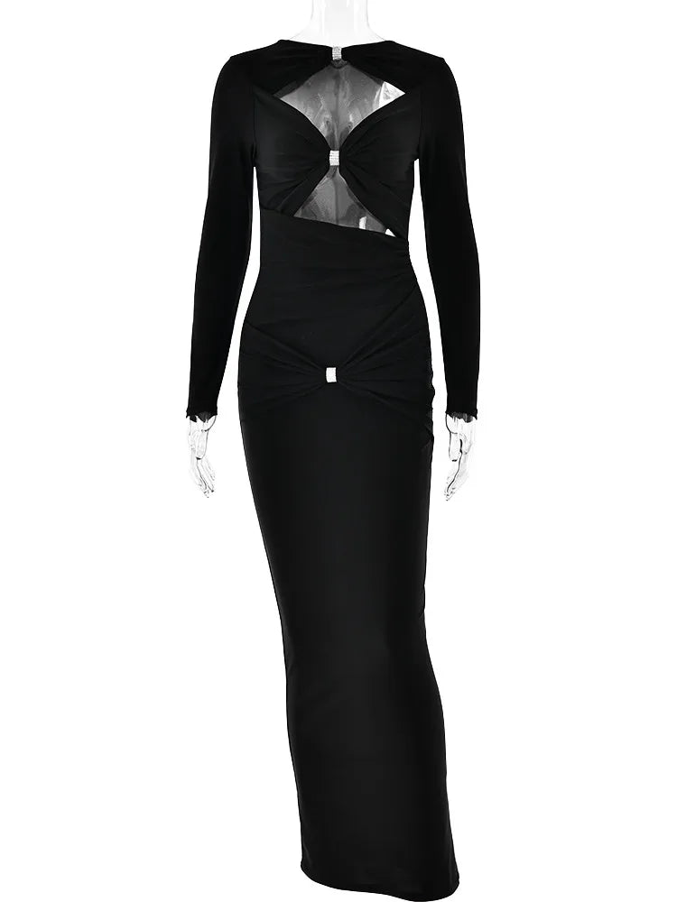 Sexy Hollow Cut Out Front Long sleeved Elastic Tight Dress Double Pleats Vestidos Elegant Evening Dress