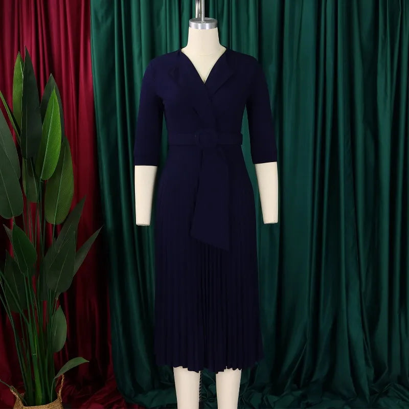 African Autumn Elegant Half Sleeve V-neck Polyester Pleated Ankara Dresses