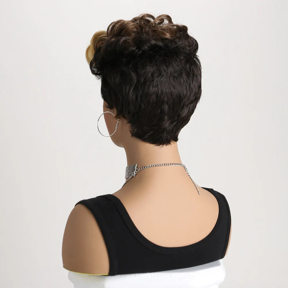 Synthetic Short Pixie Cut Wig with Wavy Bangs Mixed Black Brown 2 Tones Hair Wigs for Women Wavy Haircuts