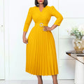 Elegant Pleated V Neck Belt Waisted Mid Calf African Business Wear Dress