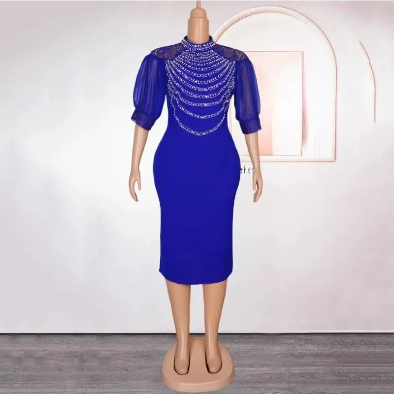 Elegant African Office Dresses Women O Neck Diamond Three Quarter Sleeve Sheath Package Hips Mid Calf Formal Business Work Dress
