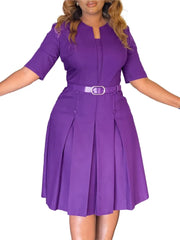 Elegant Office Dresses For Woman V Neck Half Sleeve High Waisted Belt Waisted Pleated Mid Calf Classy Modest Female Work Gowns
