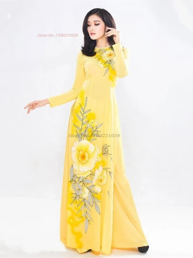 Traditional Aodai National Dress+Pants Set Flower Print Qipao Oriental Party evening vestido