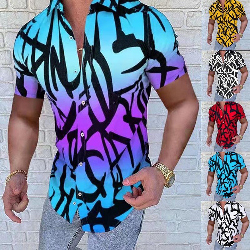 Men's European American Style Geometric Print Lapel Short Sleeve Shirt