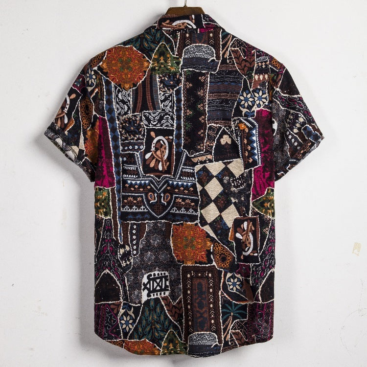 Men's New Summer Fashion Short-sleeved Linen Indian Ethnic Flower Shirt