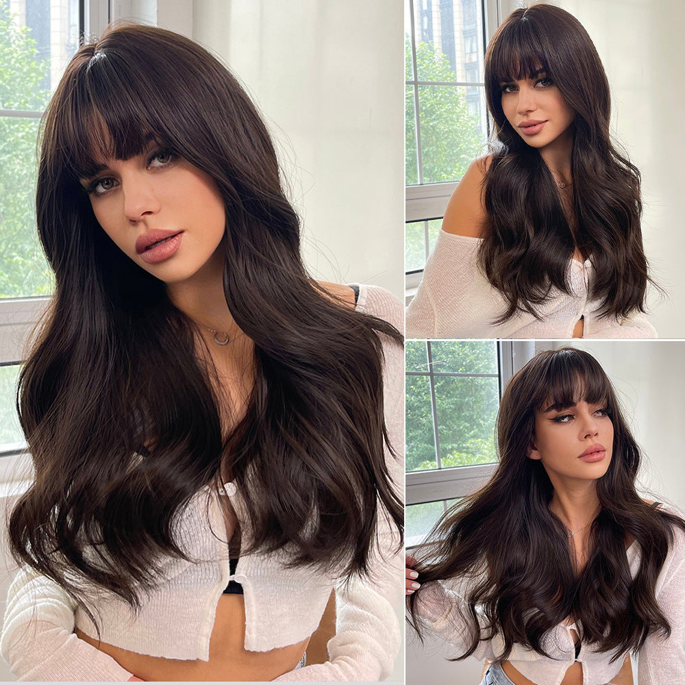 24" Long Curly Wave Wig with Bangs – 5 Colors Synthetic