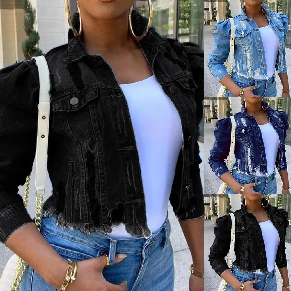 New Incredible Women Sexy Ripped Denim Vintage Casual Short Jean Jacket Puff Sleeve Streetwear