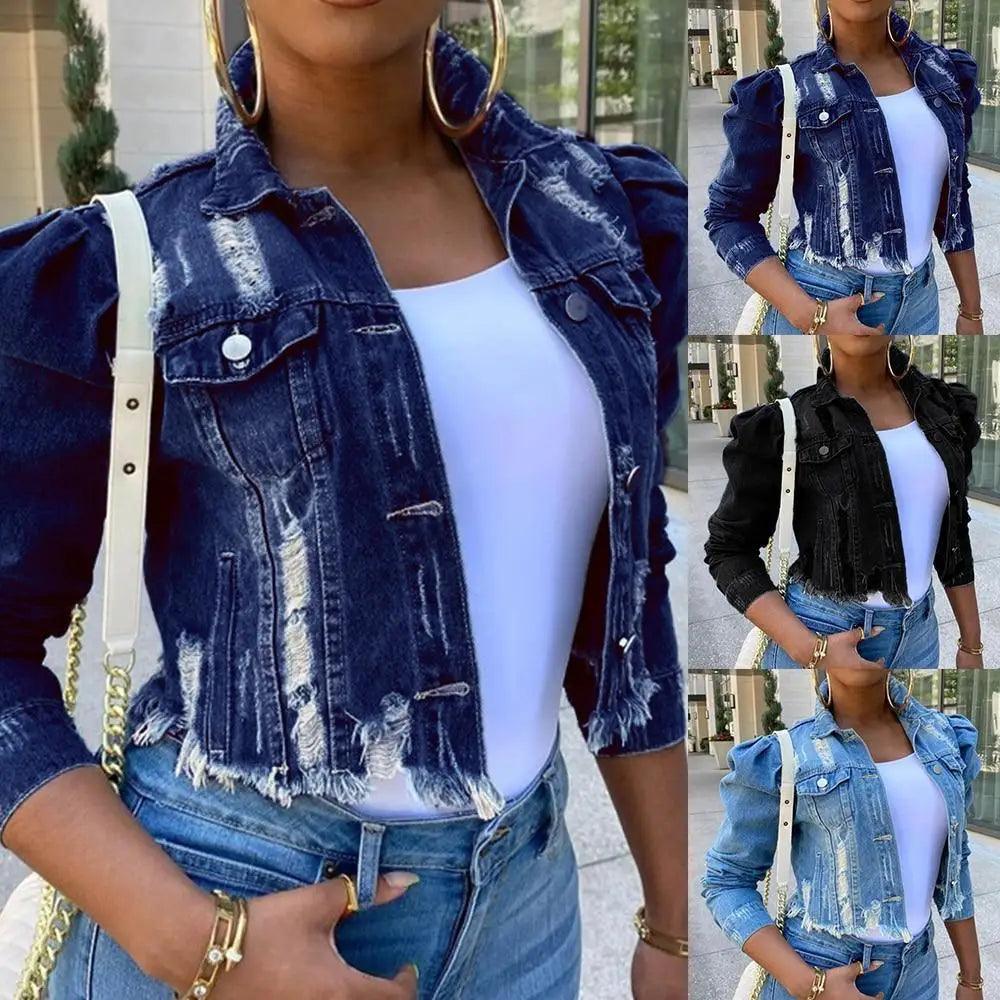 New Incredible Women Sexy Ripped Denim Vintage Casual Short Jean Jacket Puff Sleeve Streetwear
