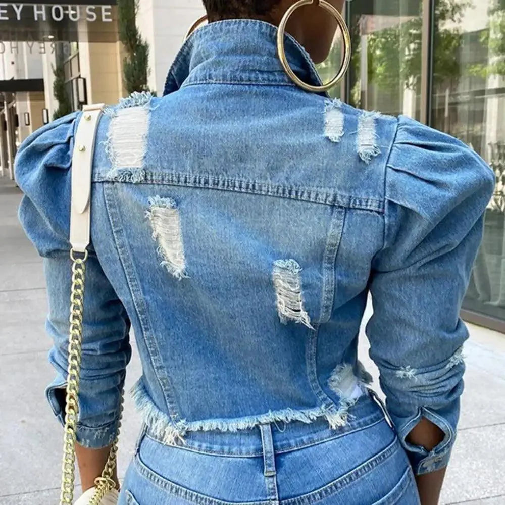 New Incredible Women Sexy Ripped Denim Vintage Casual Short Jean Jacket Puff Sleeve Streetwear