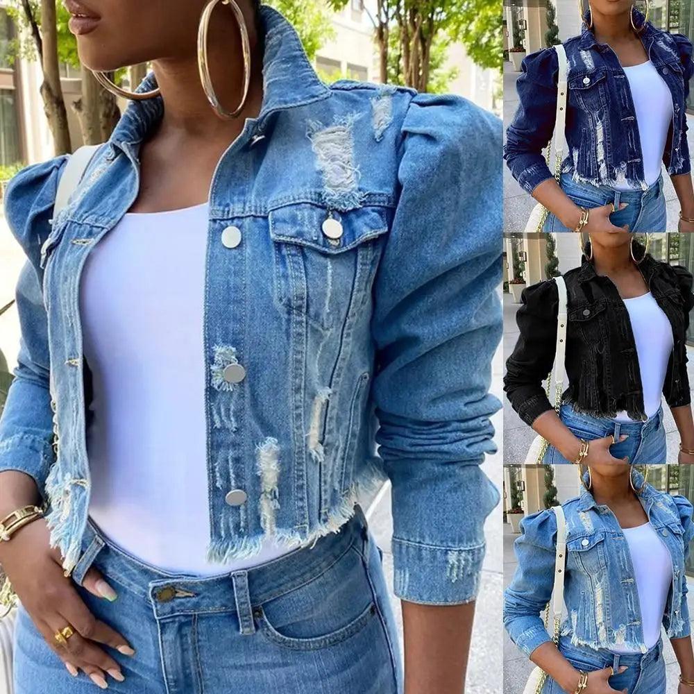 New Incredible Women Sexy Ripped Denim Vintage Casual Short Jean Jacket Puff Sleeve Streetwear