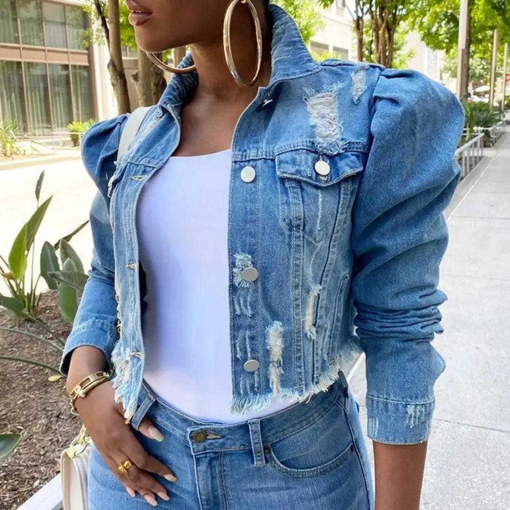 New Incredible Women Sexy Ripped Denim Vintage Casual Short Jean Jacket Puff Sleeve Streetwear