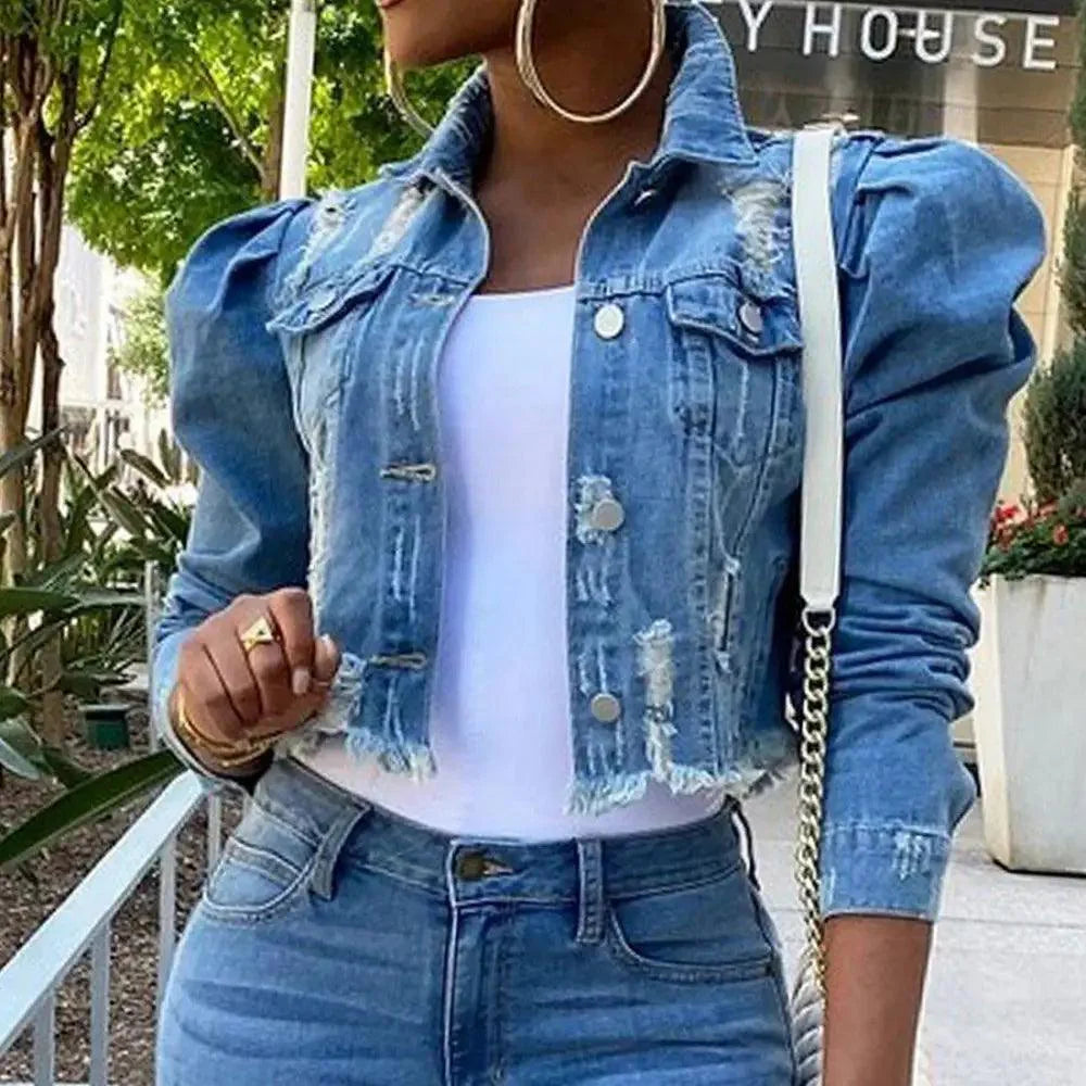 New Incredible Women Sexy Ripped Denim Vintage Casual Short Jean Jacket Puff Sleeve Streetwear